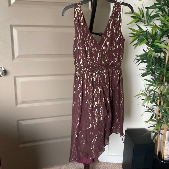 ⭐️silk eggplant dress with gold accents, asymmetrical flowy hem ⭐️ - Picture 2 of 4